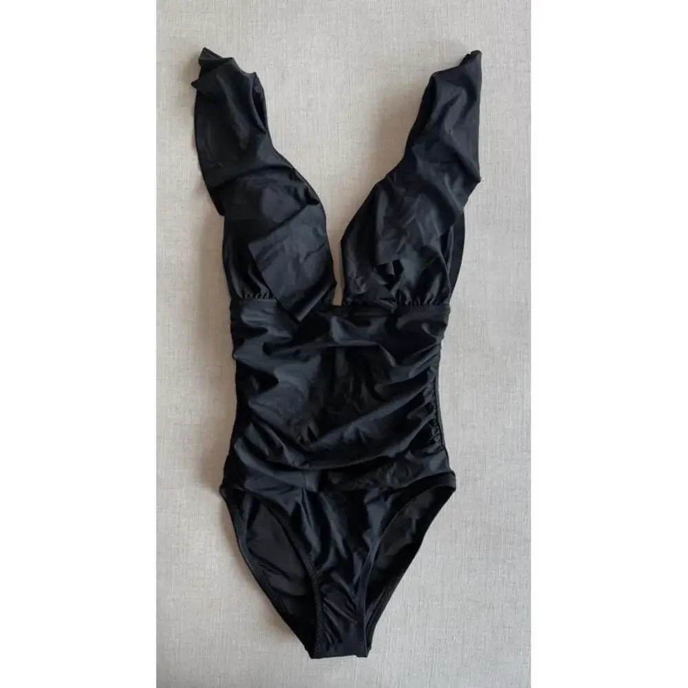 NWT J. Crew Ruched Ruffle One Piece Swimsuit Sz 4 Black Plunge V Neck Minimalist